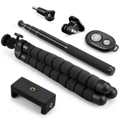 Phone tripod kit with a flexible tripod, extension pole, phone mount, and Bluetooth remote laid out flat.