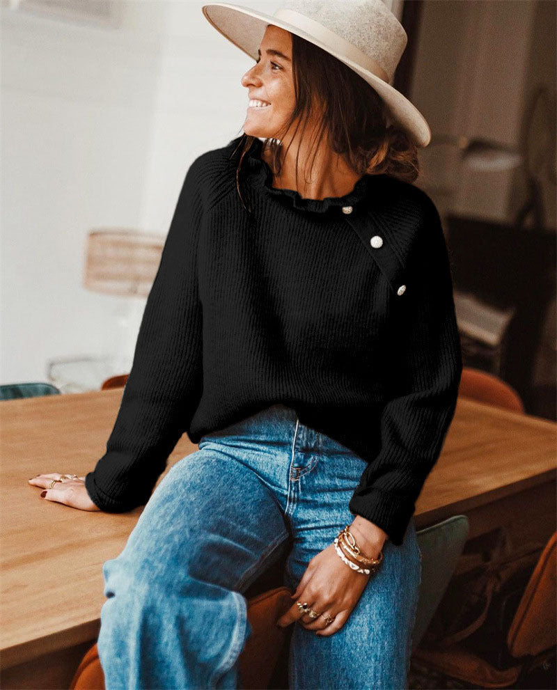 Soft Knit Sweater in Relaxed Fit with Enhanced Ease and Ruffle Neck