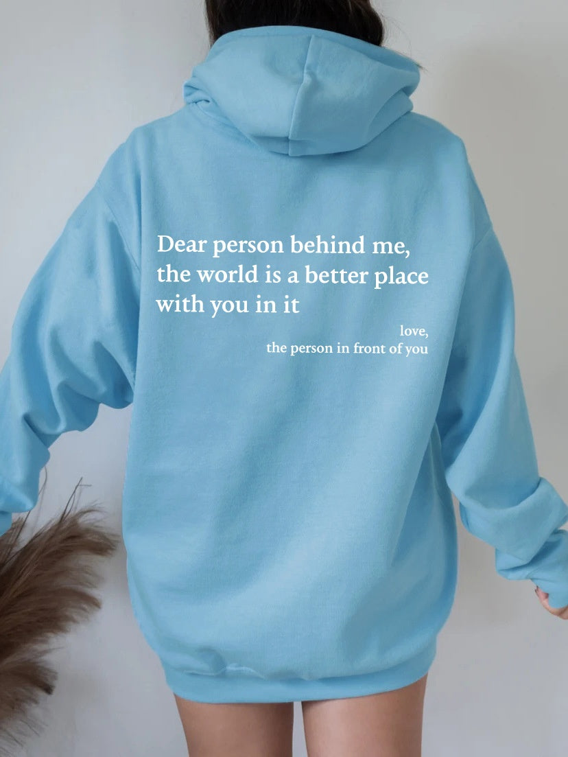 Light blue oversized hoodie with white letter print for daily comfort.