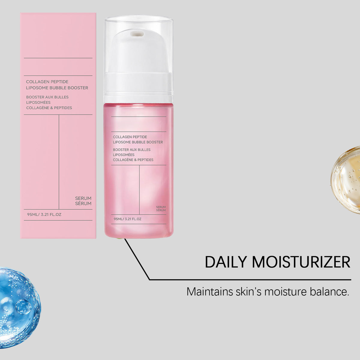 Pink collagen peptide liposome bubble booster serum bottle next to its matching box, with text below.