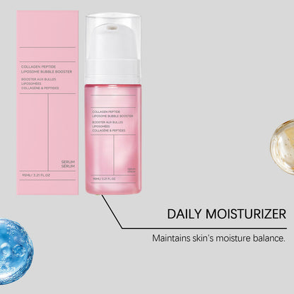 Pink collagen peptide liposome bubble booster serum bottle next to its matching box, with text below.