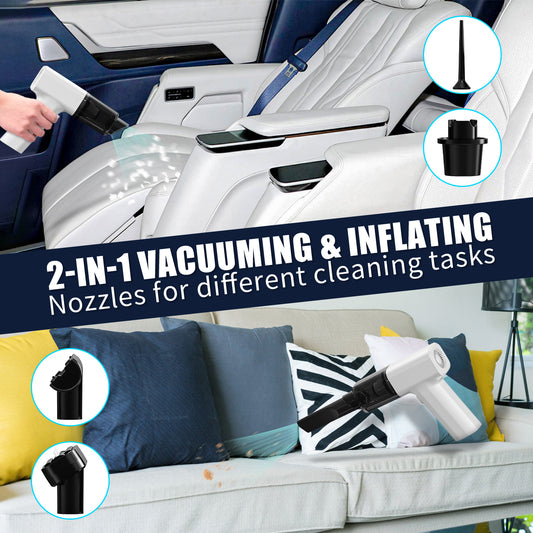 Handheld vacuum cleaning car seats and a sofa, with inset nozzle attachments.