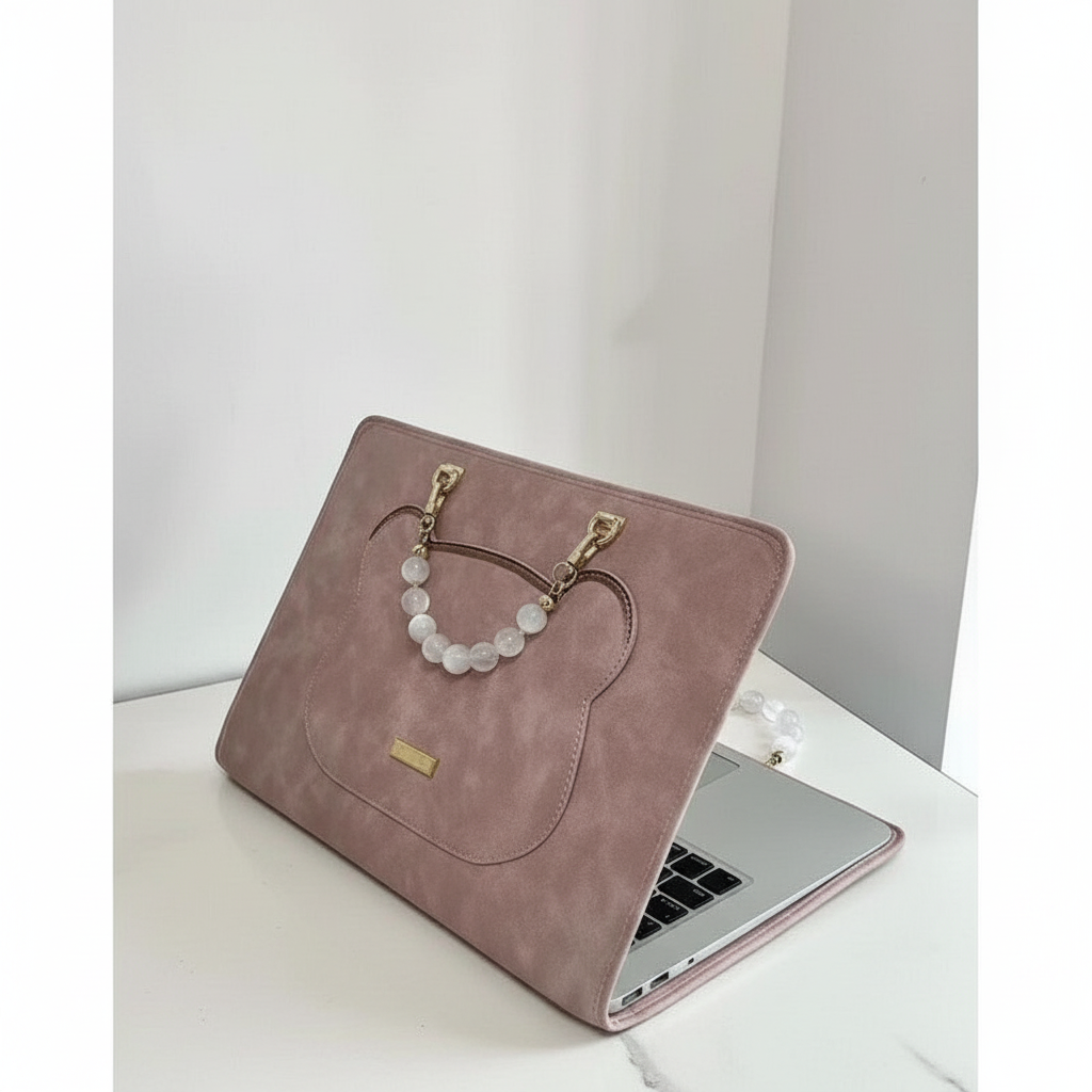 Dusty pink faux-leather laptop sleeve with a beaded handle and gold hardware on a white surface.