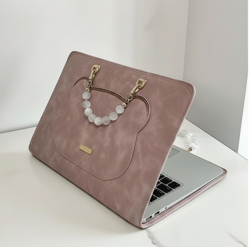 Dusty pink suede laptop case with white beaded handle and gold hardware on white surface.