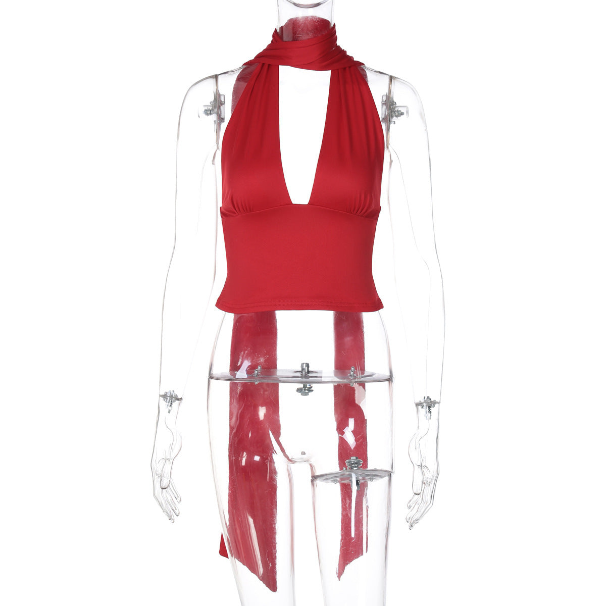 It's Your Perfect Deep V Neck Halter Top Crafted From Premium Milk Silk Blend For Sophisticated Summer Luxury.