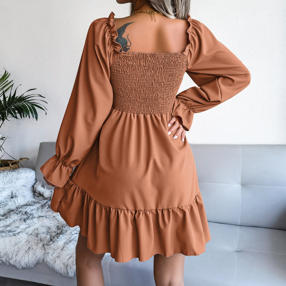 Flared Dress with Square Neckline and Swing Silhouette for Versatile Day Night Wear