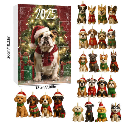 Advent calendar box showing dimensions with 24 acrylic dog ornaments in assorted breeds displayed alongside.