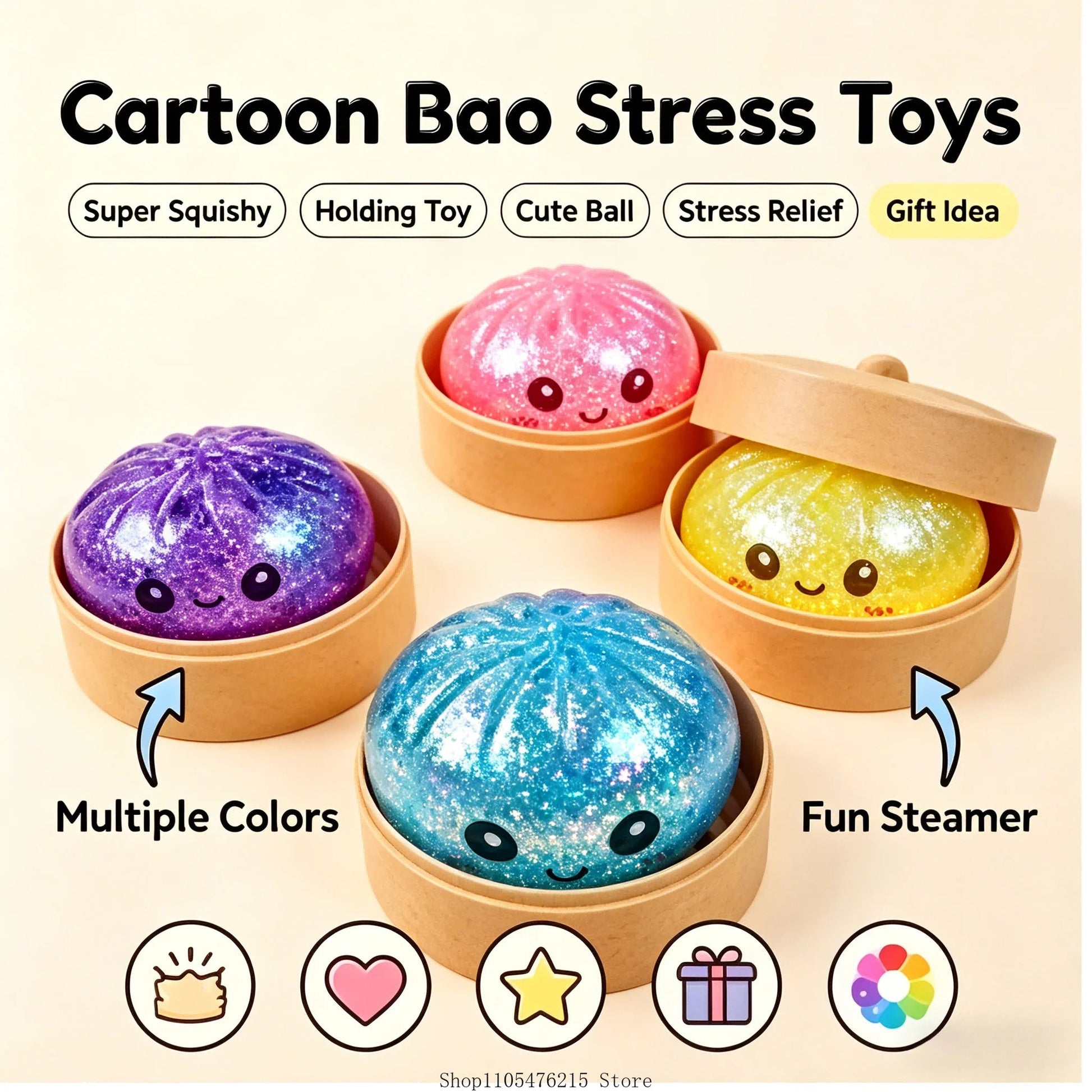 Bao Steamed Bun Squeeze Toy with Sparkle Beads and Steamer - Merch Gone Viral