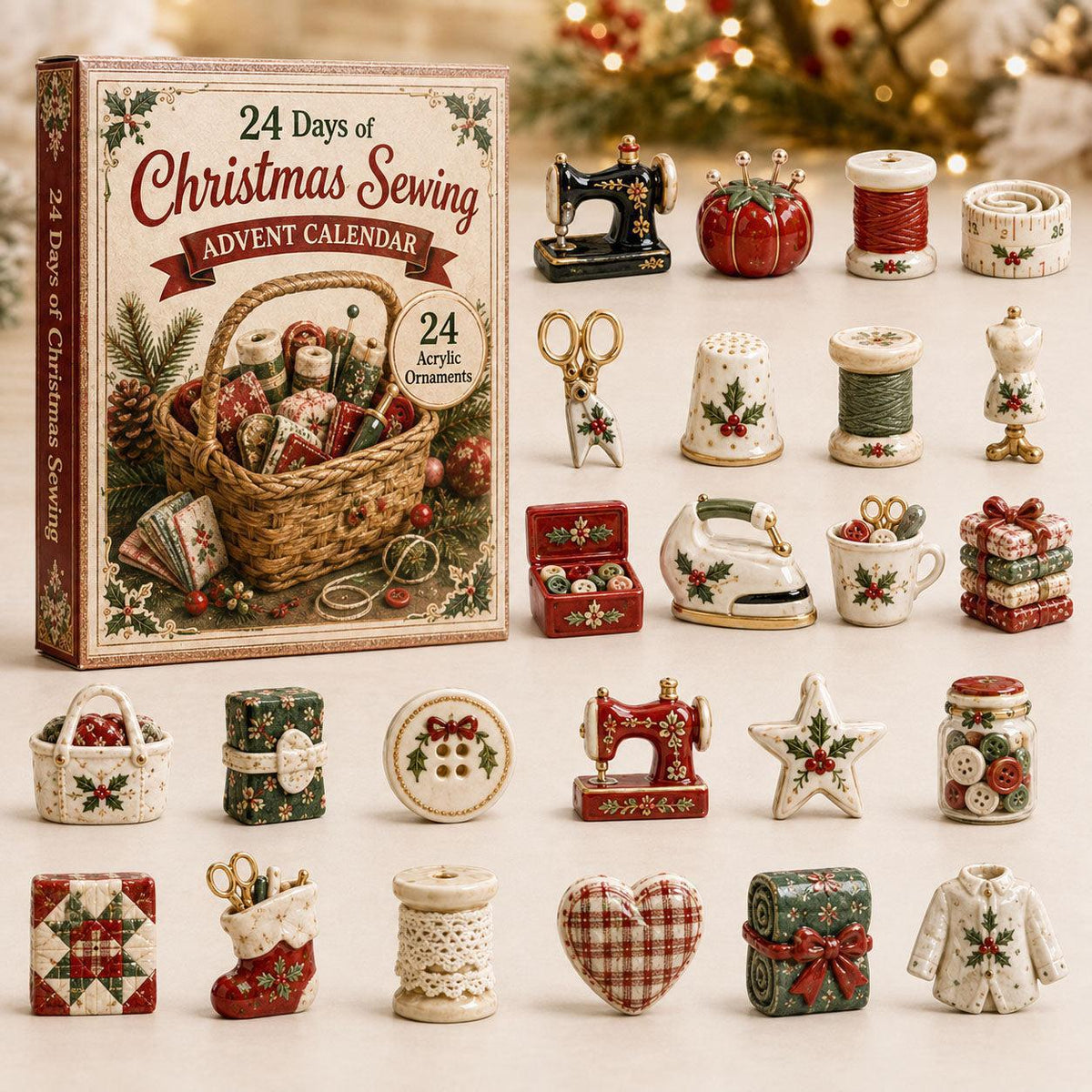 Advent calendar box for 24 days of Christmas sewing, displayed next to miniature holiday sewing-themed ornaments.