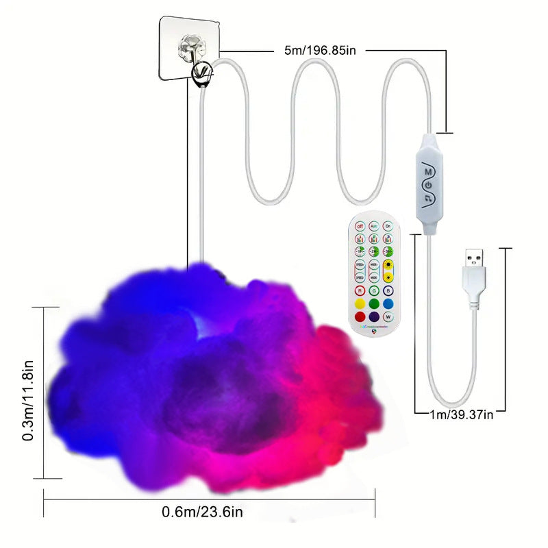 Blue and pink LED cloud lamp with remote, long cord, and wall-mounted hook for ambient home decor lighting.