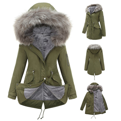 Olive green hooded parka coat with a large faux-fur trim and grey fleece lining.