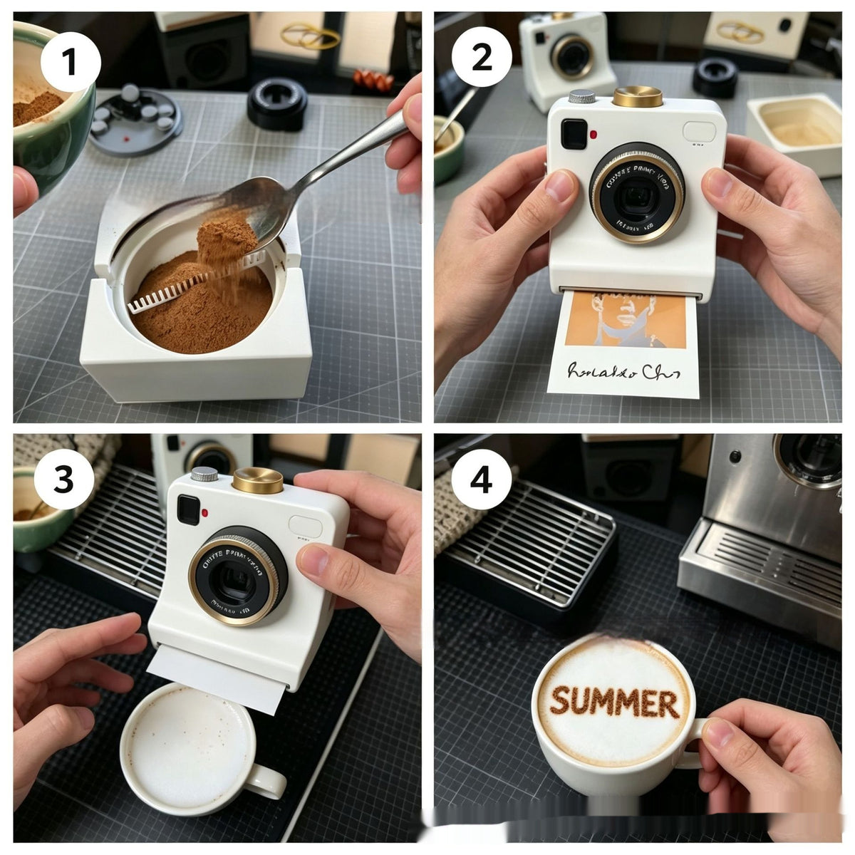 Four-step guide for a coffee print latte art camera filling powder, printing, aligning, and finishing a summer design.