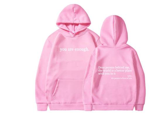 Pink stretchy hoodie with a front kangaroo pocket and white letter print for casual daily wear.