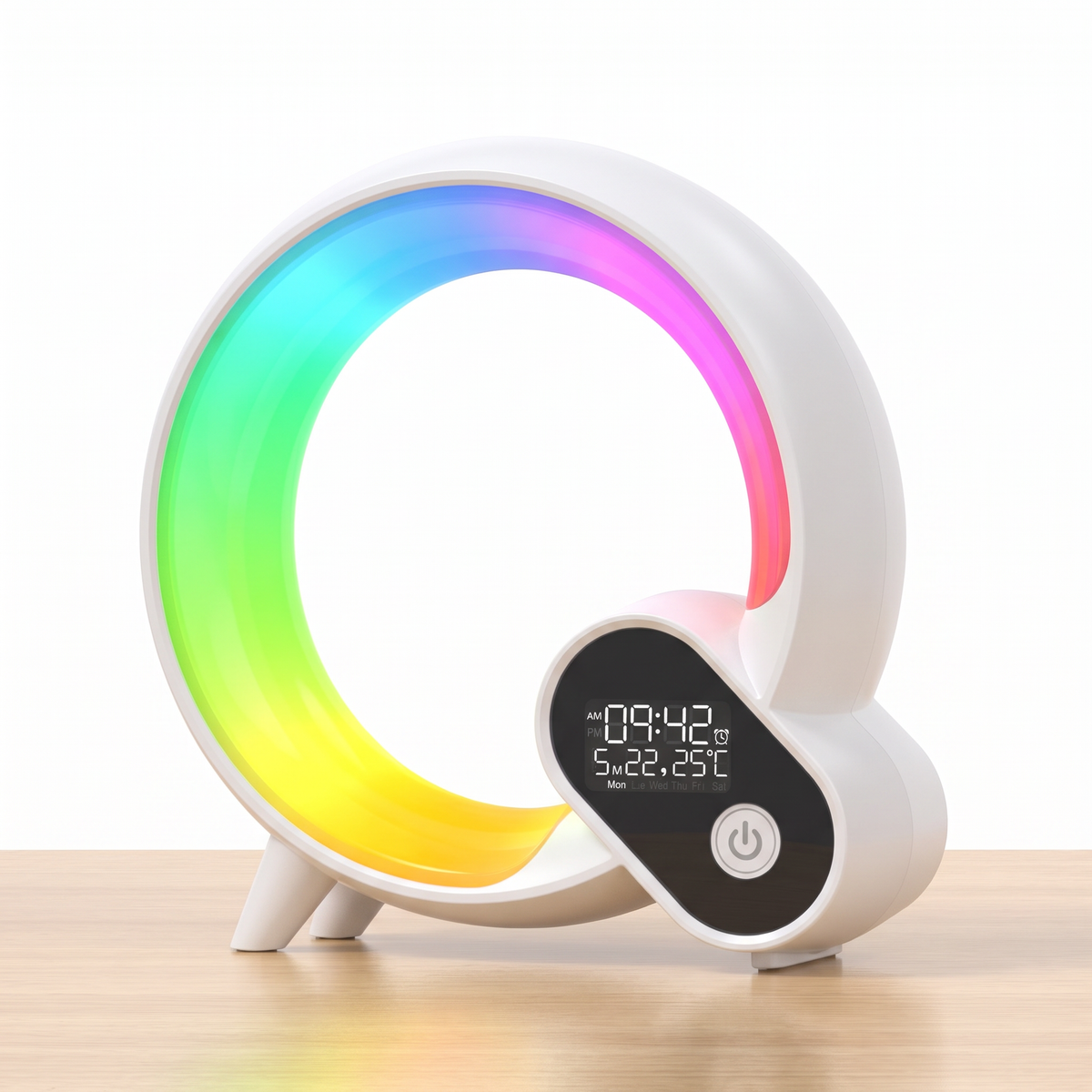 White C-shaped Bluetooth speaker alarm clock with vibrant rainbow LED inner ring and digital display.