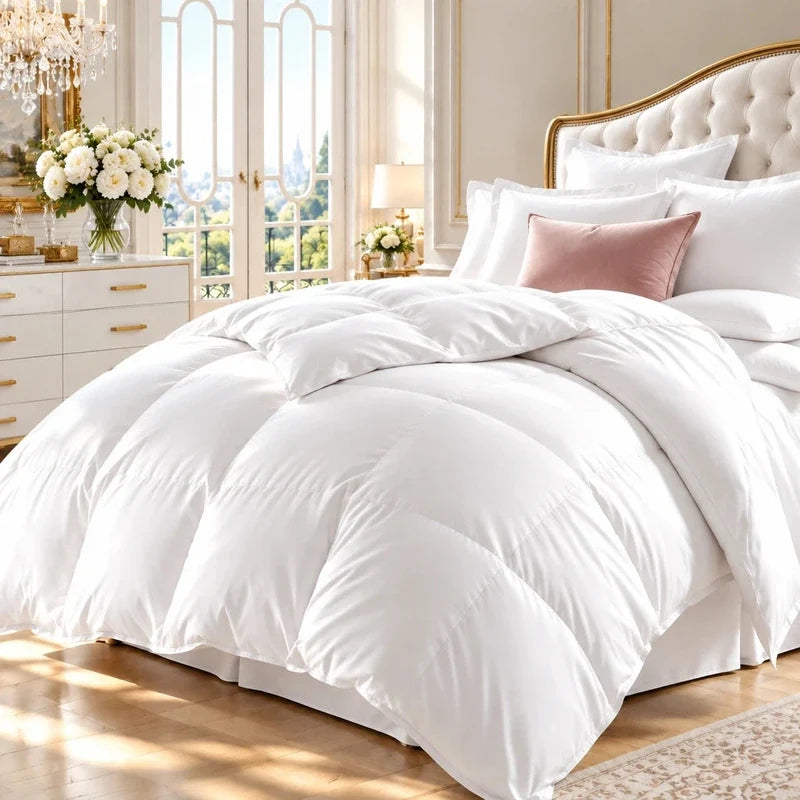 Fluffy white box-quilted duvet insert on a made bed in a sunlit bedroom.