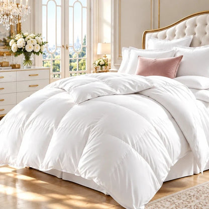 Fluffy white box-quilted duvet insert on a made bed in a sunlit bedroom.