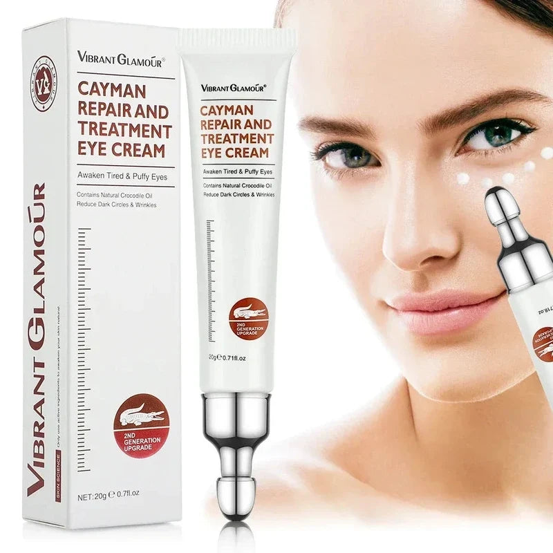 Eye cream tube and box with a model showing the roller applicator under her eye.