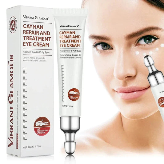 Eye cream tube and box with a model showing the roller applicator under her eye.