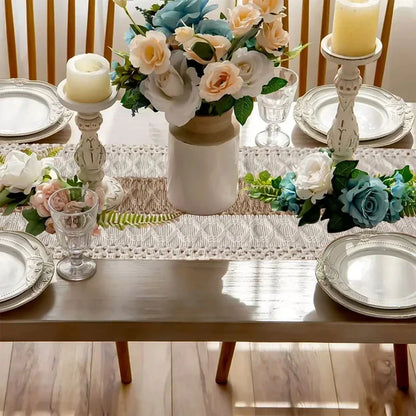 White crochet lace table runner with fringe, alternate angle