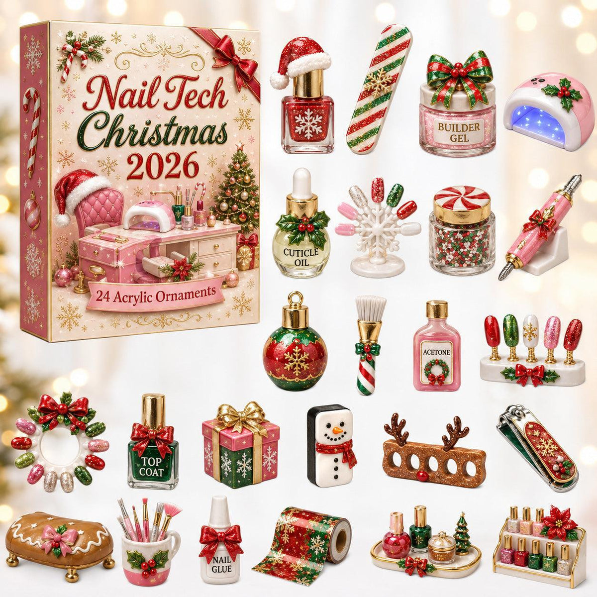 Advent calendar box with 24 miniature holiday nail tech acrylic ornaments displayed beside it.