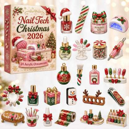 Advent calendar box with 24 miniature holiday nail tech acrylic ornaments displayed beside it.