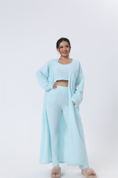 Warm Three-Piece Pajama Set with Cardigan Crop Top and Wide Leg Everyday Pants for Women