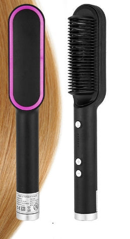 Two views of a black straightening brush with a pink border and control buttons on the handle.