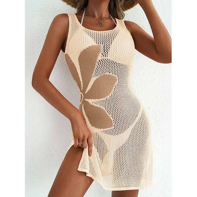 Women's Jacquard Knit Beach Cover-Up Dress with Hollow-Out Detail