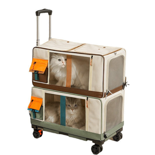 Double-tier beige pet stroller with mesh windows, rolling wheels, and an extendable handle holding two long-haired cats.