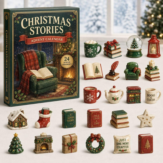 Christmas Stories Advent calendar box next to twenty-four miniature holiday figurines and ornaments.