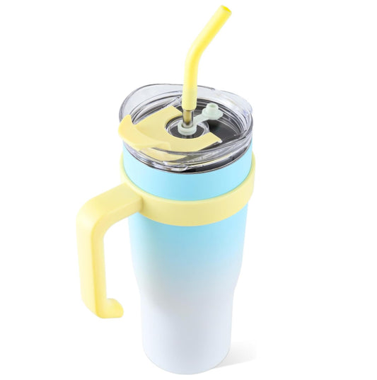 Insulated travel tumbler with handle, straw lid, and blue-to-white ombre finish viewed from above.