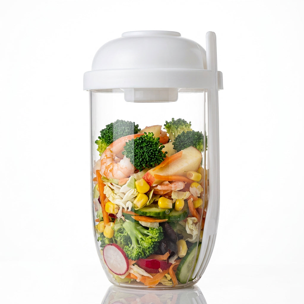 Salad cup with fork and dressing holder