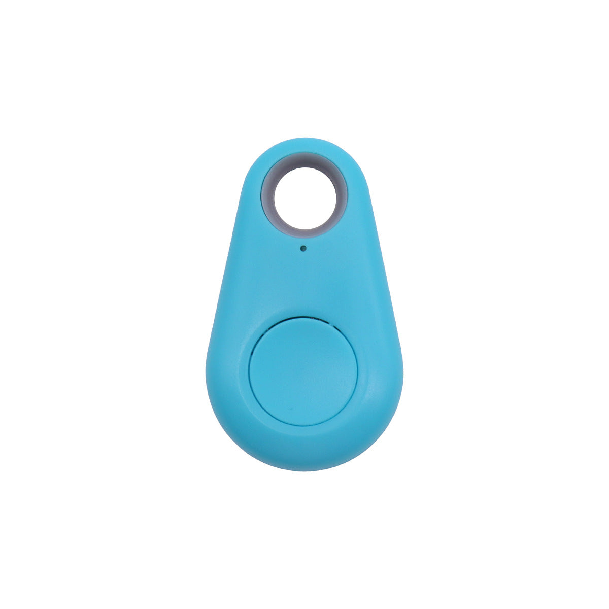 Teardrop-shaped light blue waterproof Bluetooth tracker with a gray ring for attaching to keys and bags.