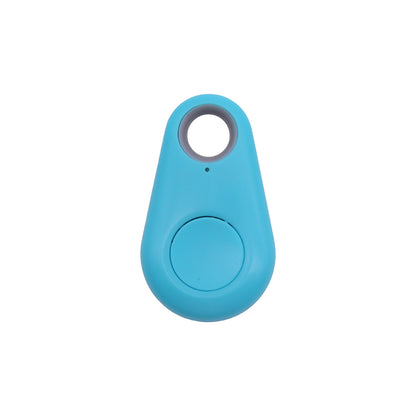 Teardrop-shaped light blue waterproof Bluetooth tracker with a gray ring for attaching to keys and bags.