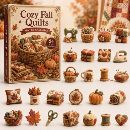 Cozy Fall Quilts advent calendar box alongside twenty four miniature felt sewing and autumn themed ornaments.
