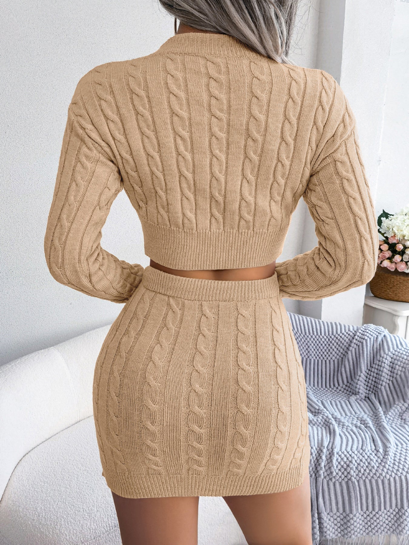 Casual Cable Knit Cropped Sweater Bodycon Dress Set - merch gone viral.