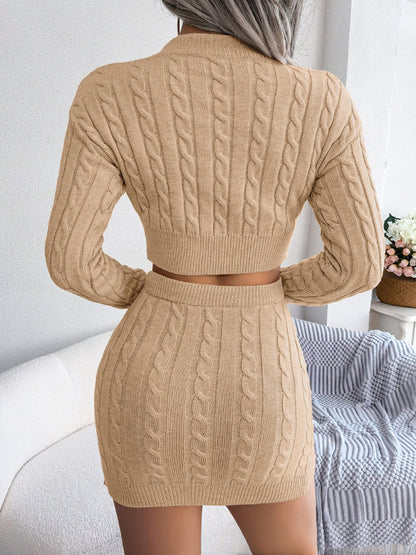 Casual Cable Knit Cropped Sweater Bodycon Dress Set - merch gone viral.