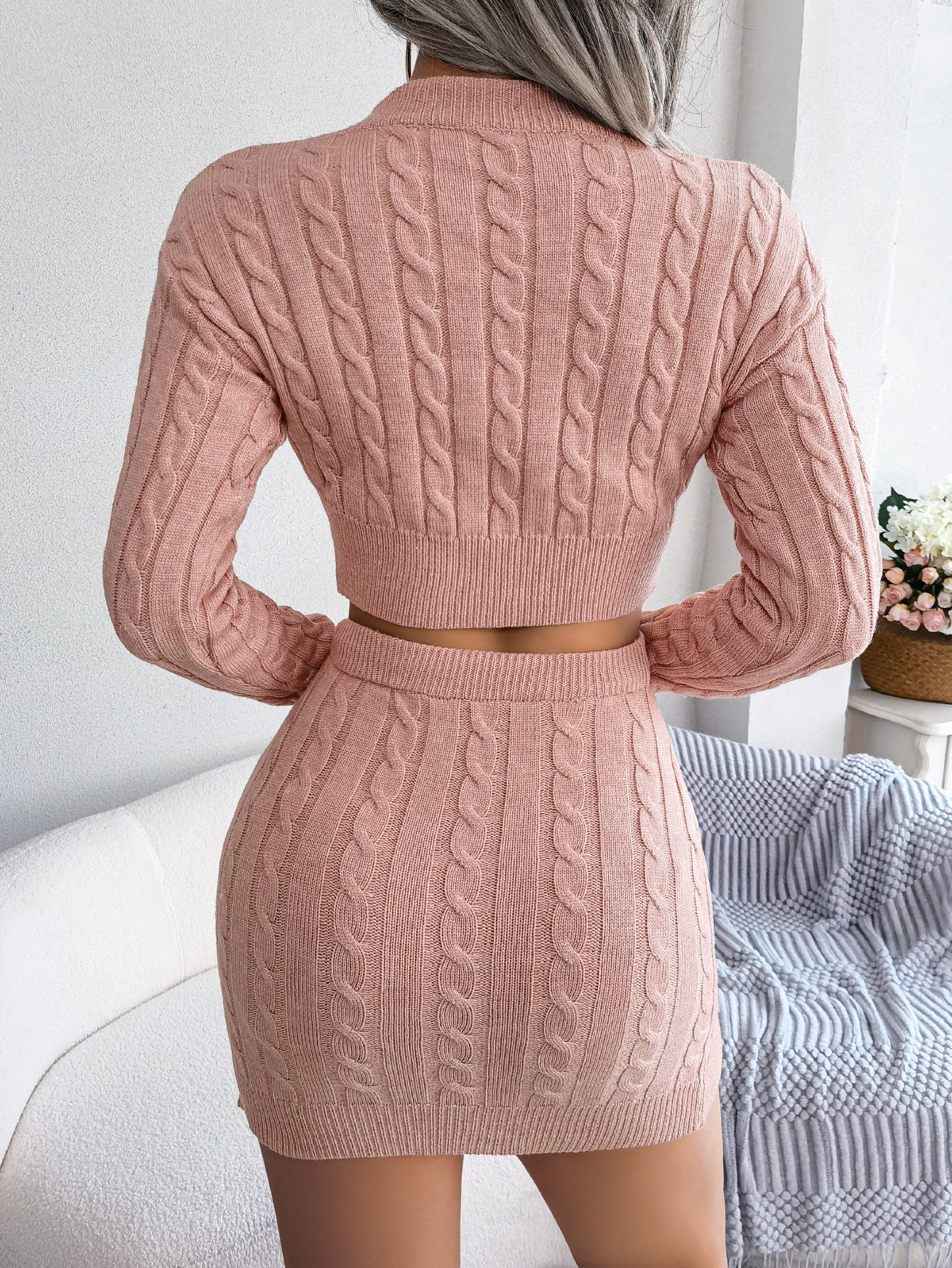 Casual Cable Knit Cropped Sweater Bodycon Dress Set - merch gone viral.