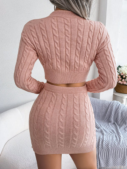 Casual Cable Knit Cropped Sweater Bodycon Dress Set - merch gone viral.
