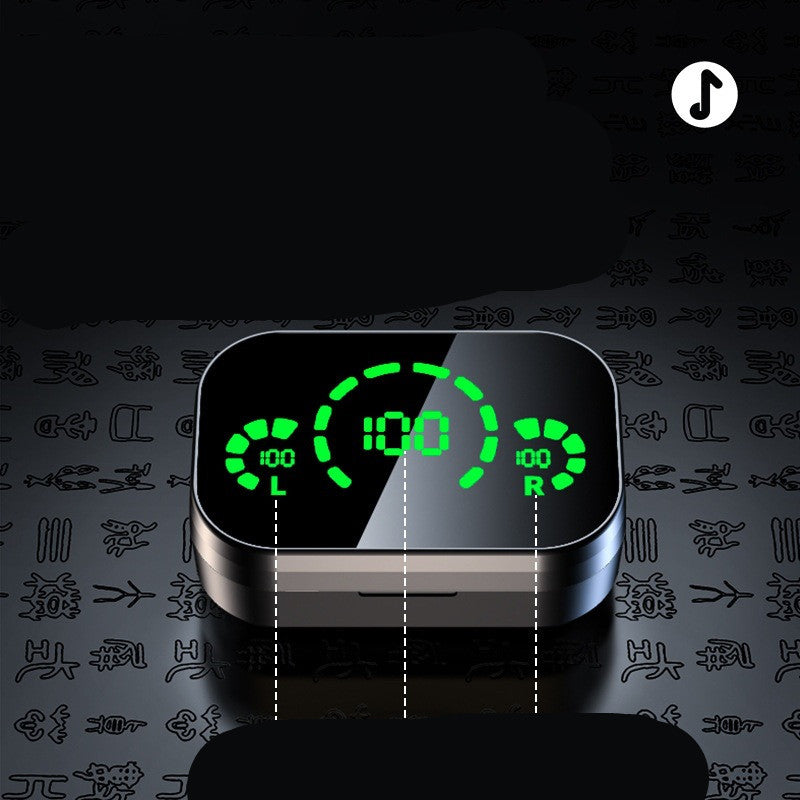 Close-up of charging case LED display showing full battery