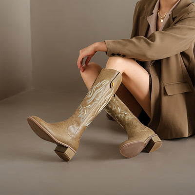 Retro Chunky Heel Embroidery Western Cowboy Boots for Women - Vintage Style Statement Boots