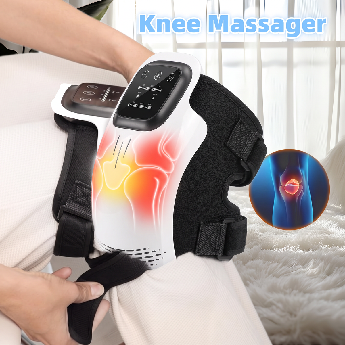 White and black heated knee massager with digital control panel and adjustable straps secured on a knee.