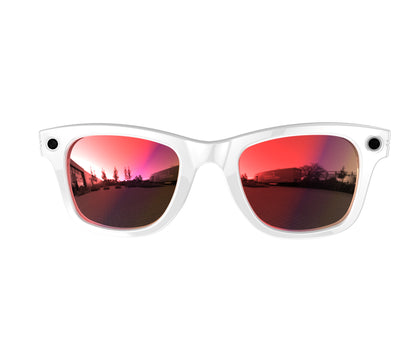 White smart wearables with built-in cameras and red reflective lenses for travel and daily use.
