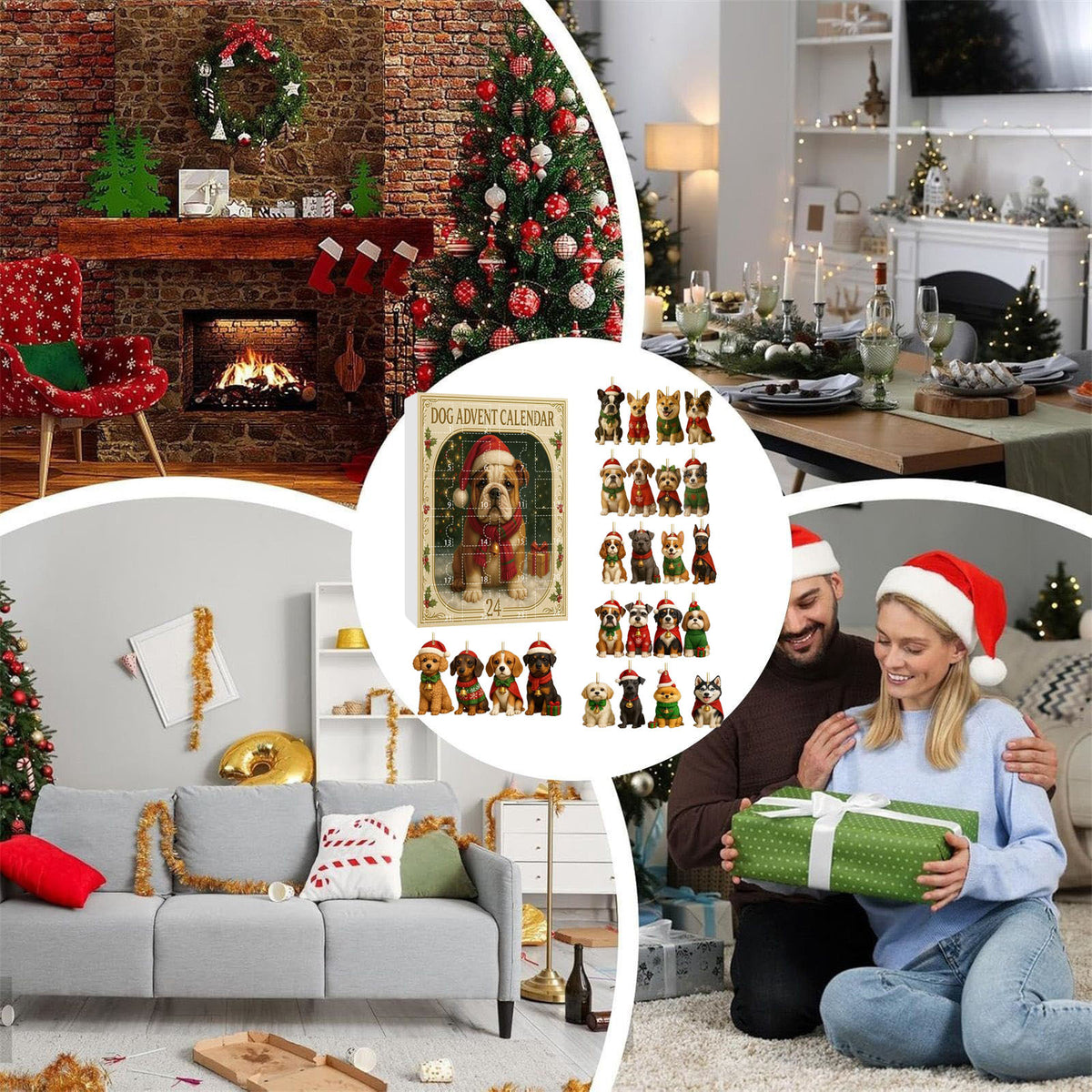 Dog advent calendar box with 24 acrylic dog ornaments in assorted holiday outfits.