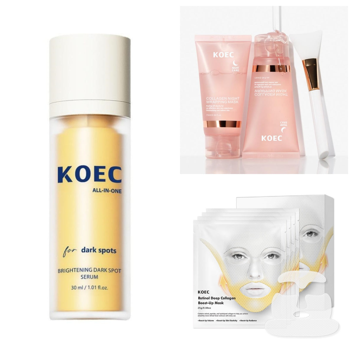 Collage of brightening serum bottle, two pink tubes of night wrapping mask, a silicone brush, and collagen sheet masks.