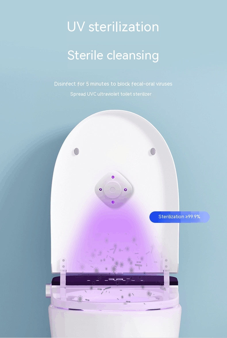 White square rechargeable LED home decor with purple UV light mounted inside a toilet lid for bathroom sanitation.
