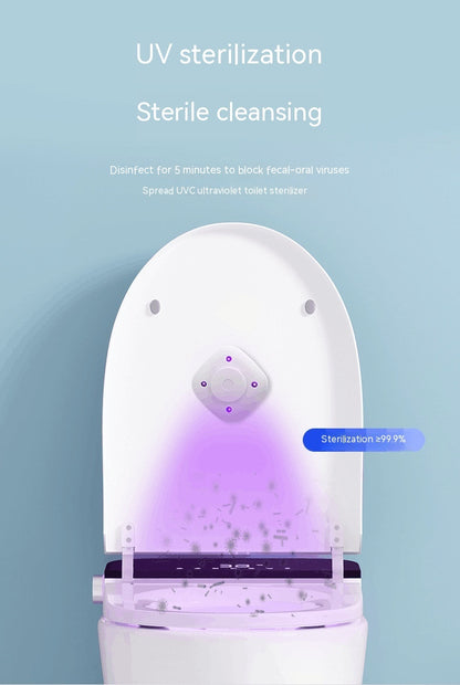 White square rechargeable LED home decor with purple UV light mounted inside a toilet lid for bathroom sanitation.