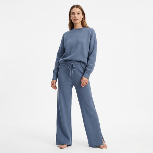 Wide Leg Knit Loungewear Set in blue with matching sweater and drawstring pants.