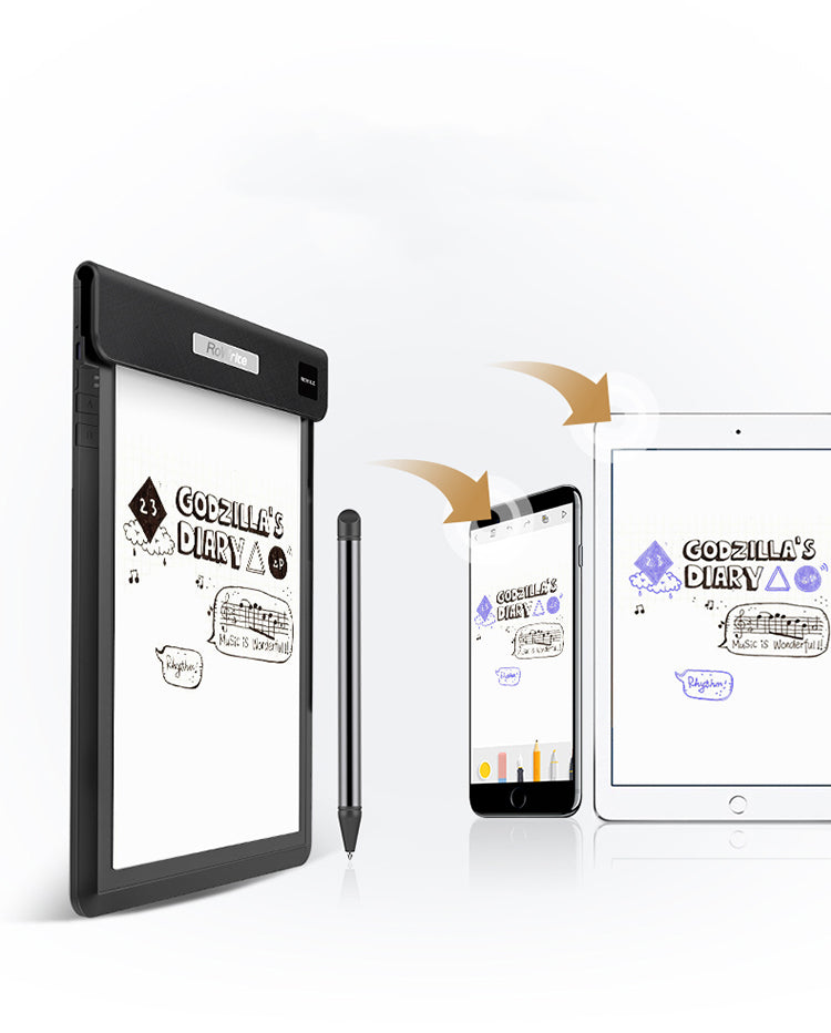 Smart notepad syncing handwritten notes with a smartphone and tablet via app.