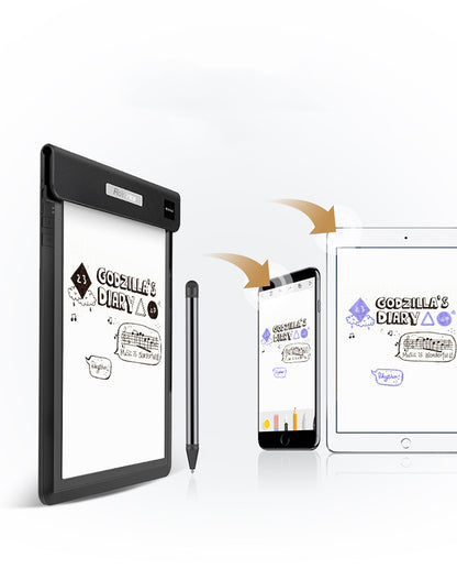 Smart notepad syncing handwritten notes with a smartphone and tablet via app.